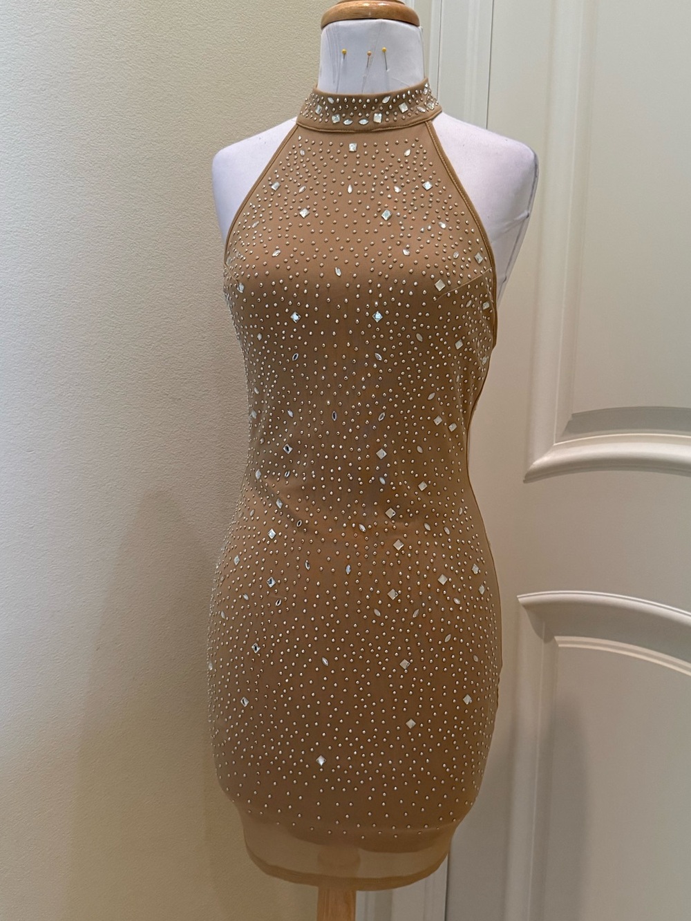 New with tag Blashe nude mesh halter dress with rhinestones